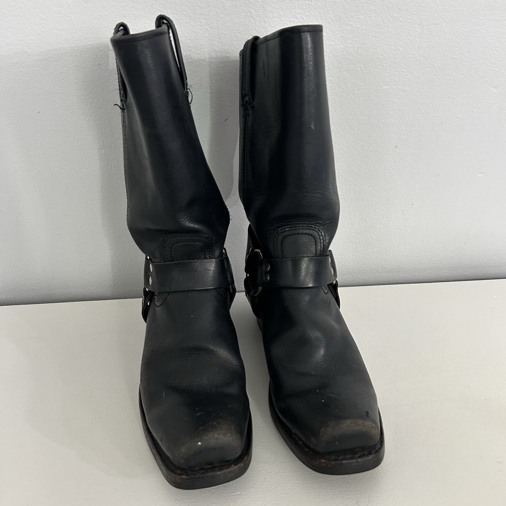 Y2K Vintage Frye Harness Black Leather Biker Pull On Mid-Calf Square Toe Boots